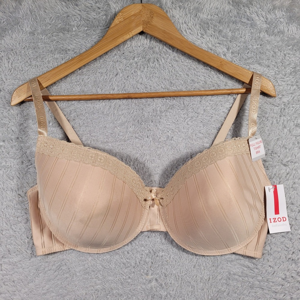 IZOD T-Shirt Bra Women 42D Beige Full Figure Lace Trim Underwire Padded‎ *